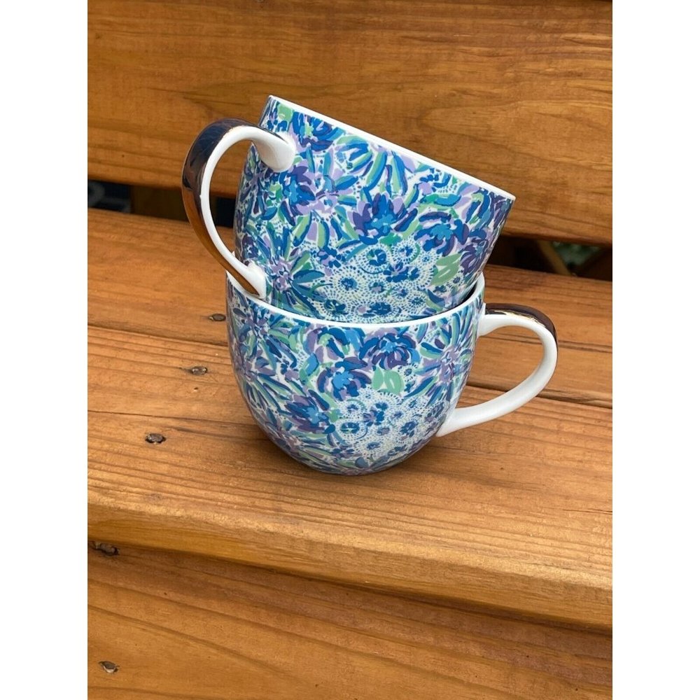 Lilly Pulitzer Set of 2 Ceramic Cups Mugs •Blue Floral Mosaic • 12 oz